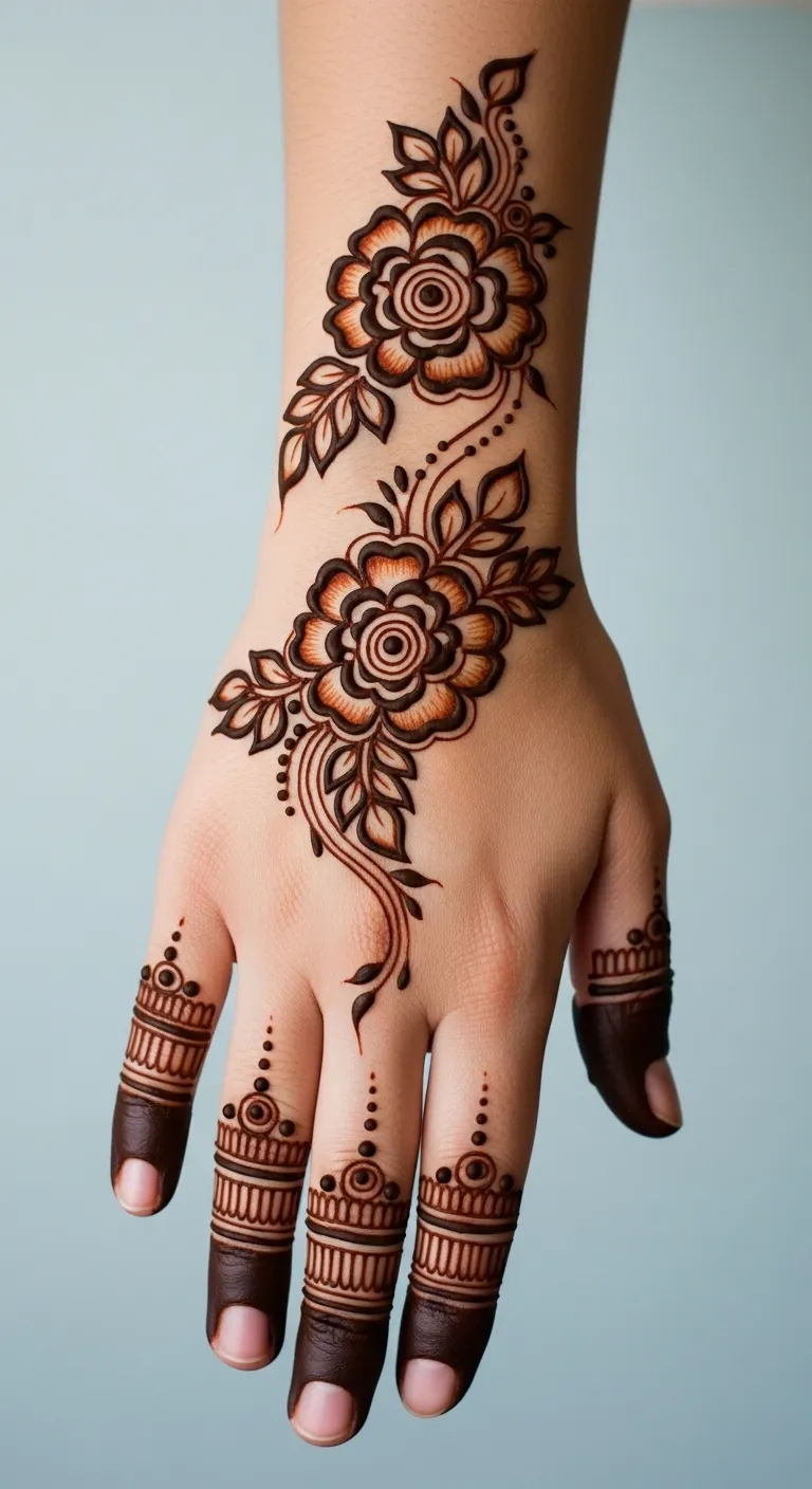Half hand mehndi with double rose and leaf connection