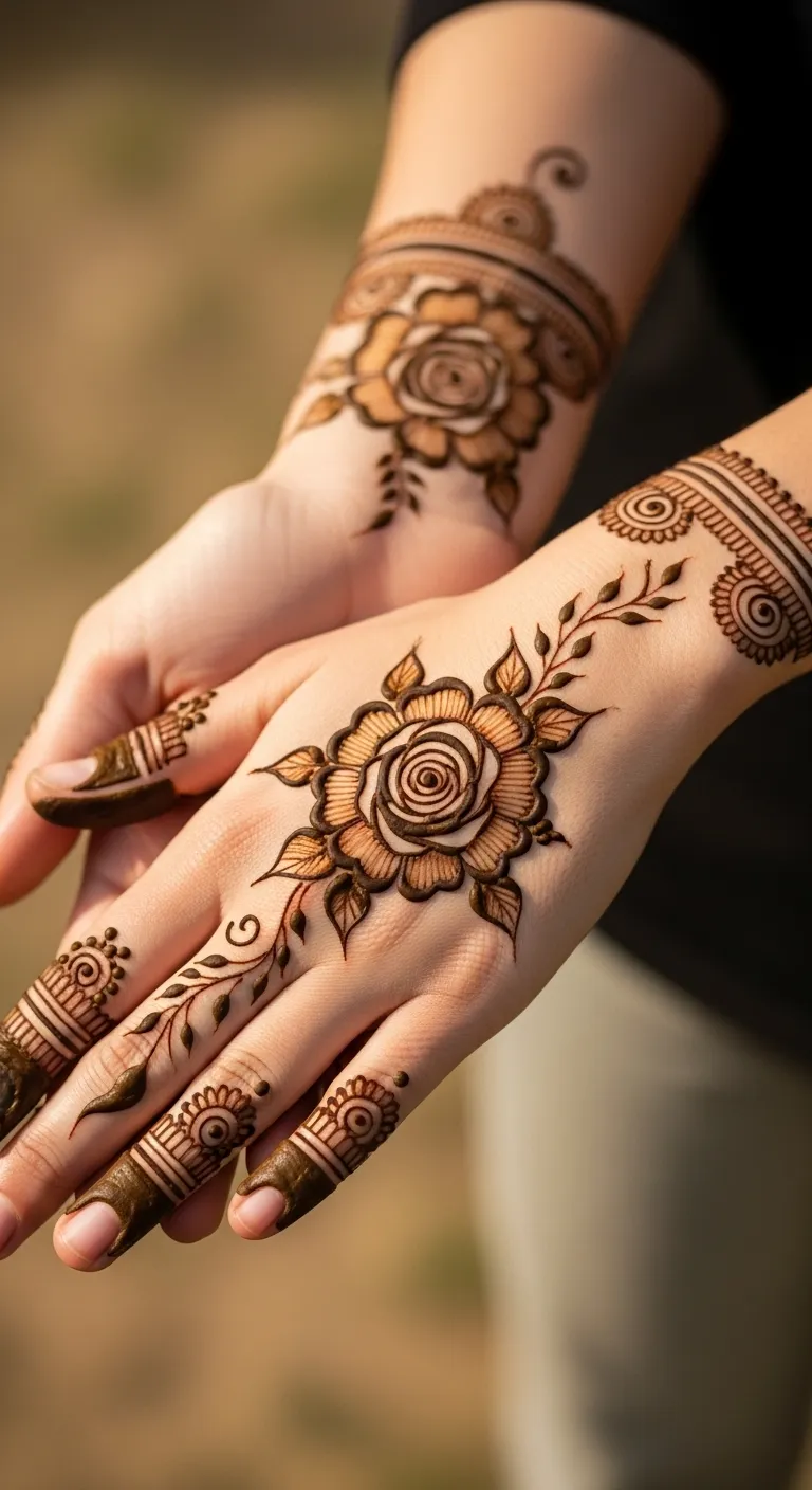 Half hand mehndi with single large rose in center