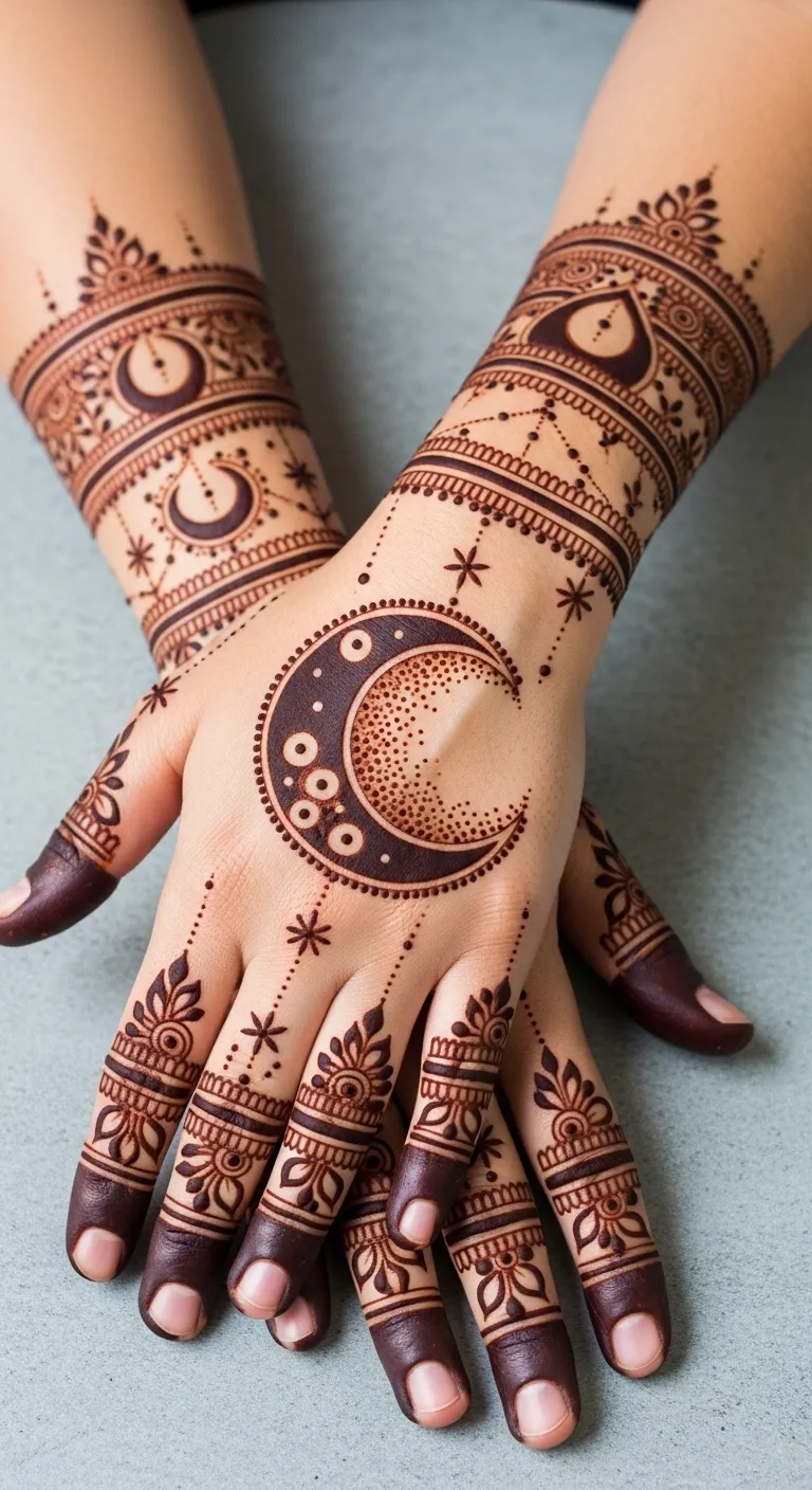 Half moon mehndi on side of palm with dot shading