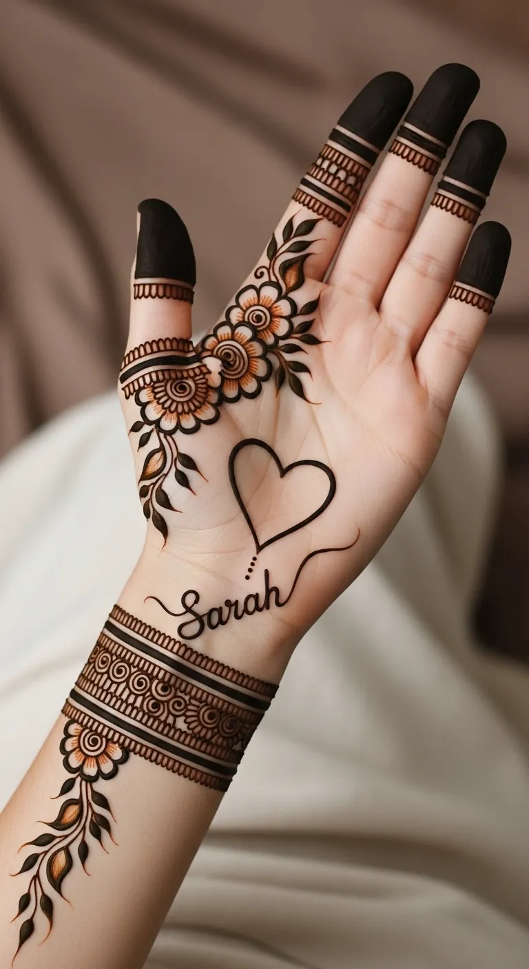 Heart mehndi with name on wrist