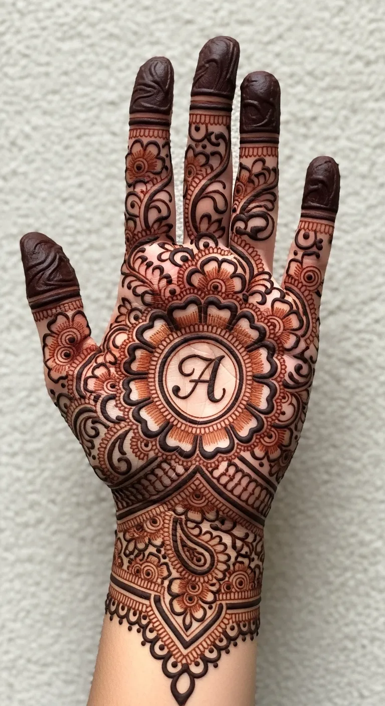 Hidden name mehndi inside flower petals