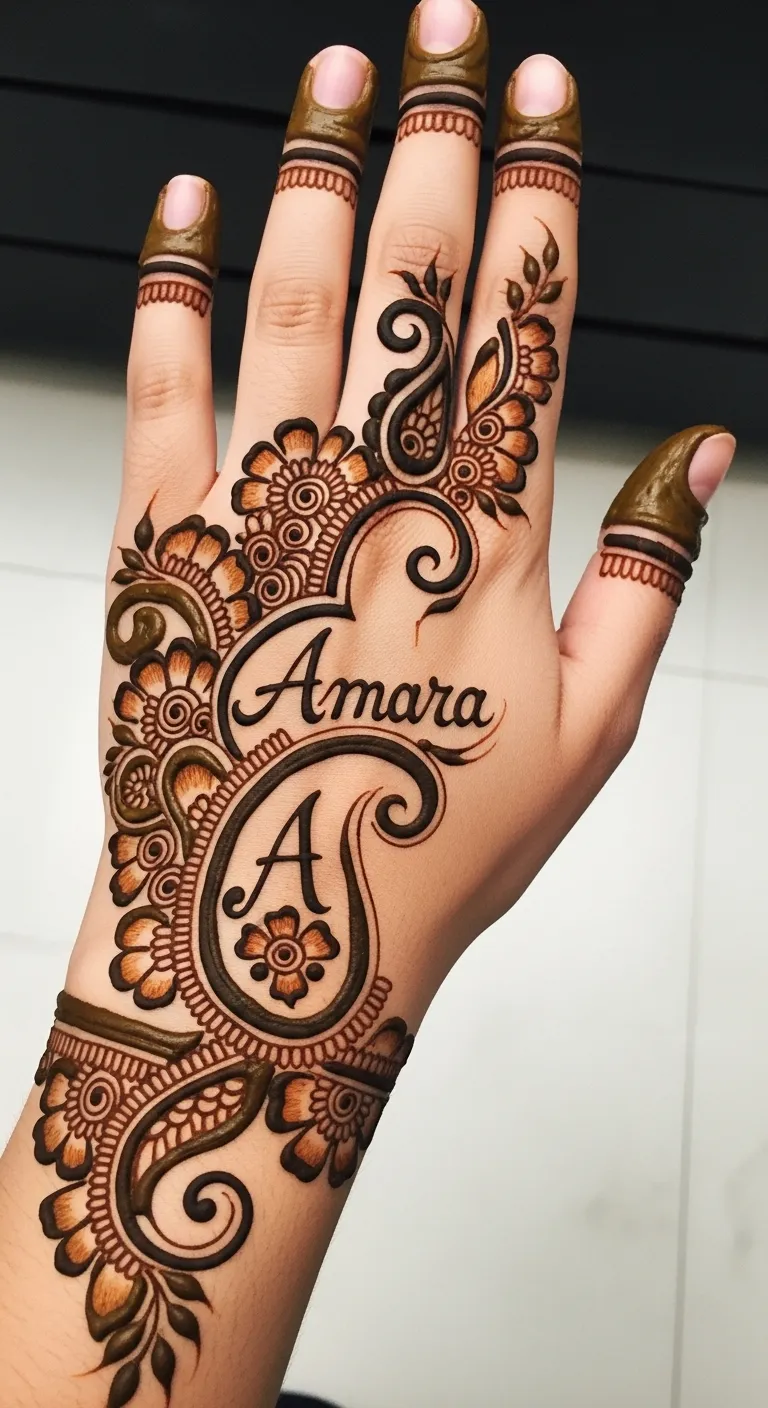 Hidden name mehndi between paisley swirls