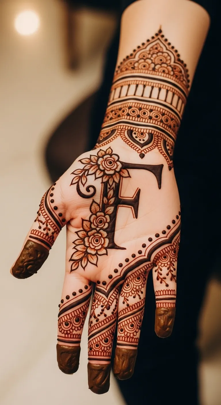 Name initial mehndi with floral fill on palm
