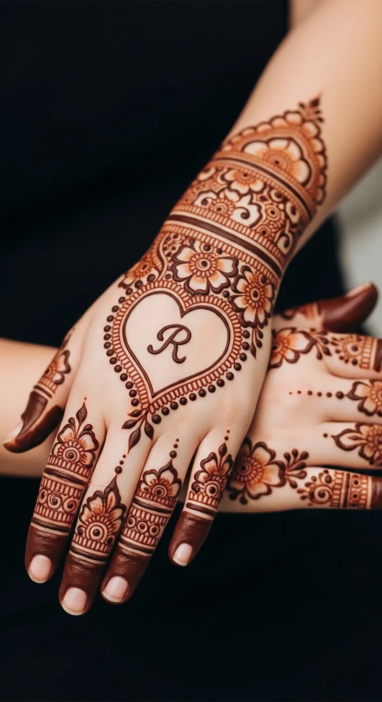 Name initial mehndi in heart on ring finger