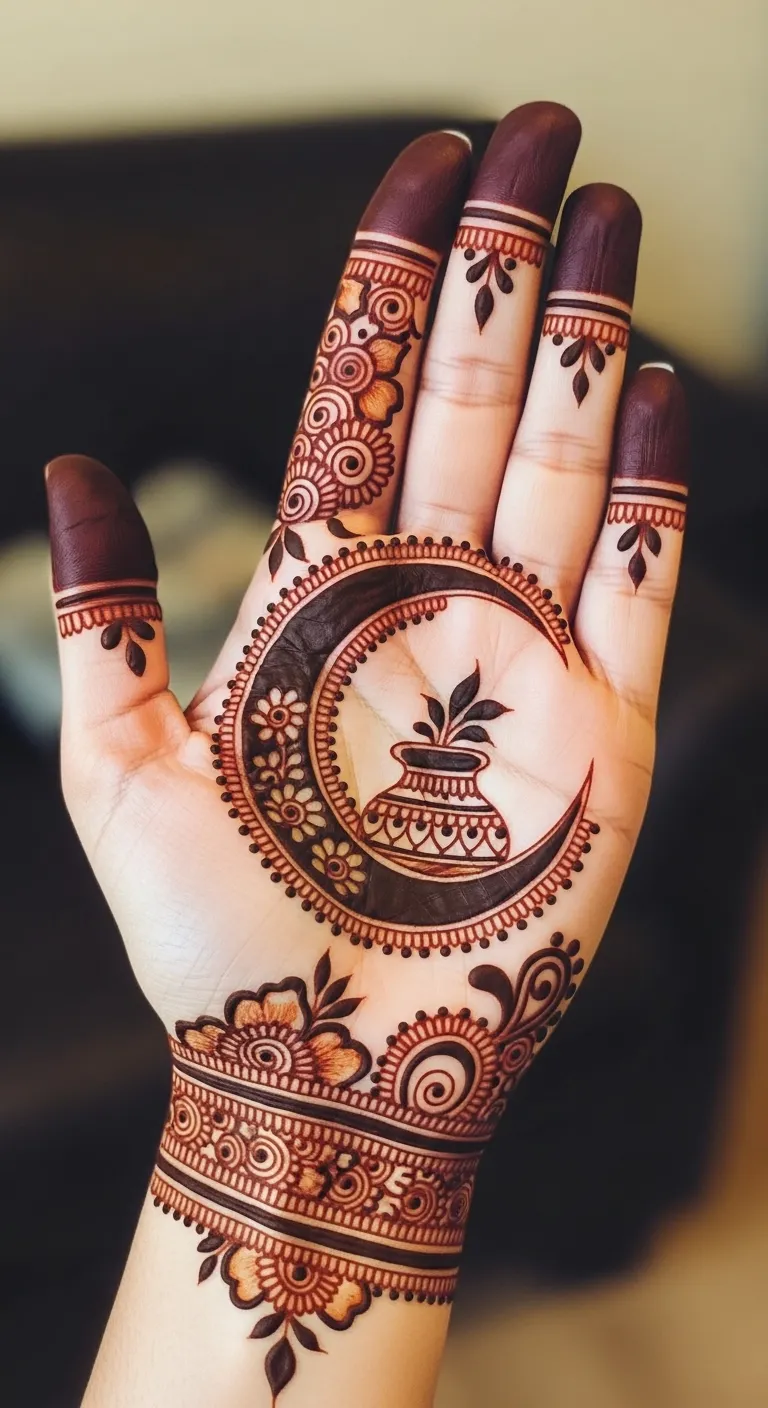 Karwa Chauth chand mehndi with karwa pot
