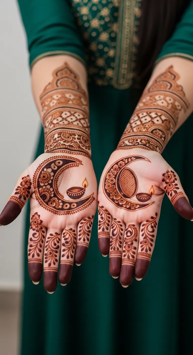 Karwa Chauth crescent moon mehndi with sieve and diya