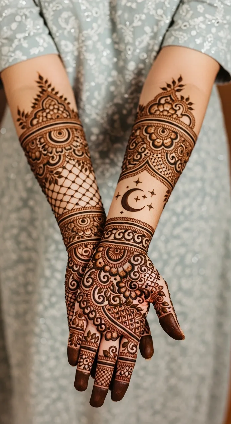 Kids crescent moon mehndi with three small stars