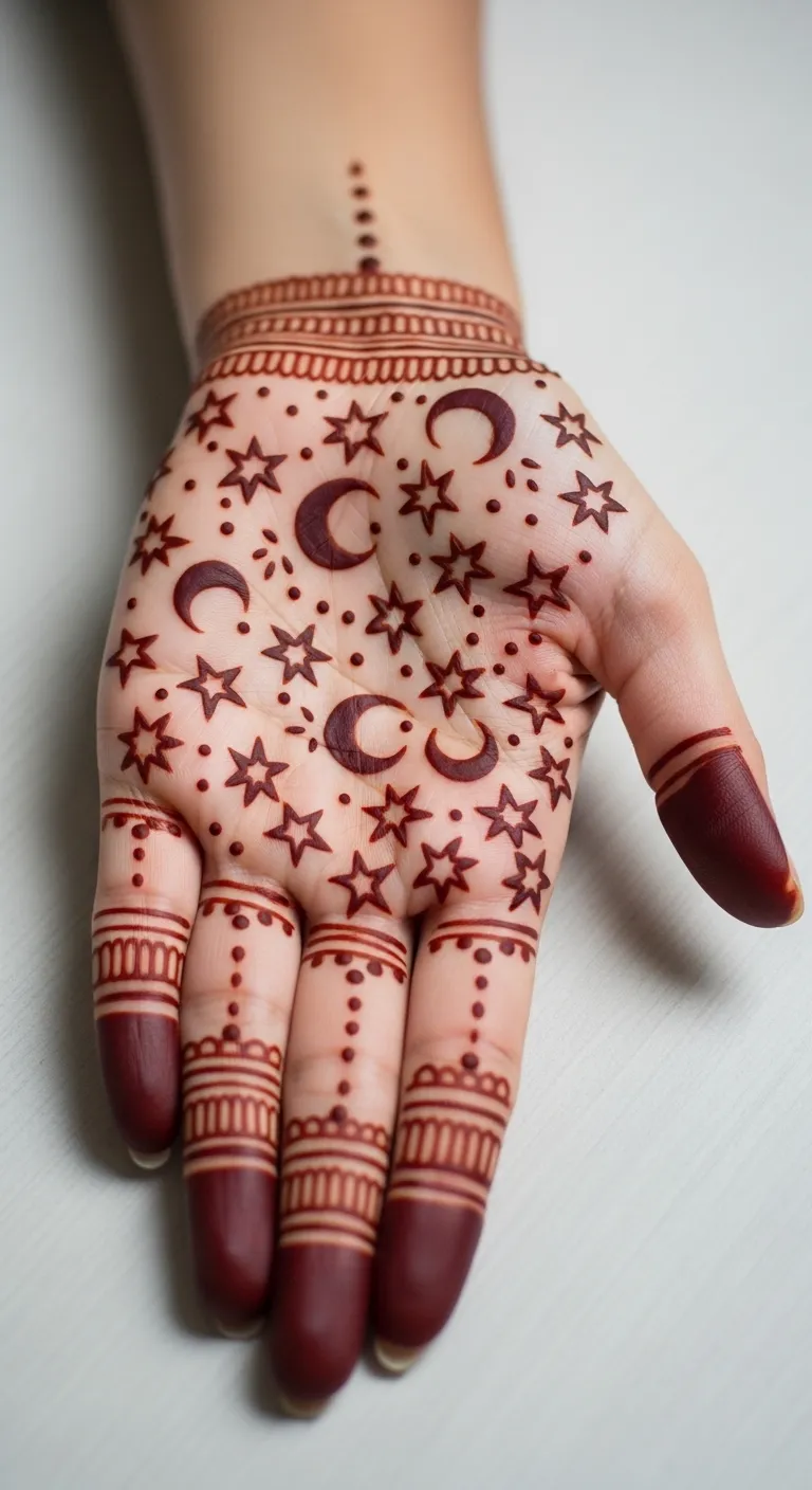 Kids half hand mehndi with star and moon pattern