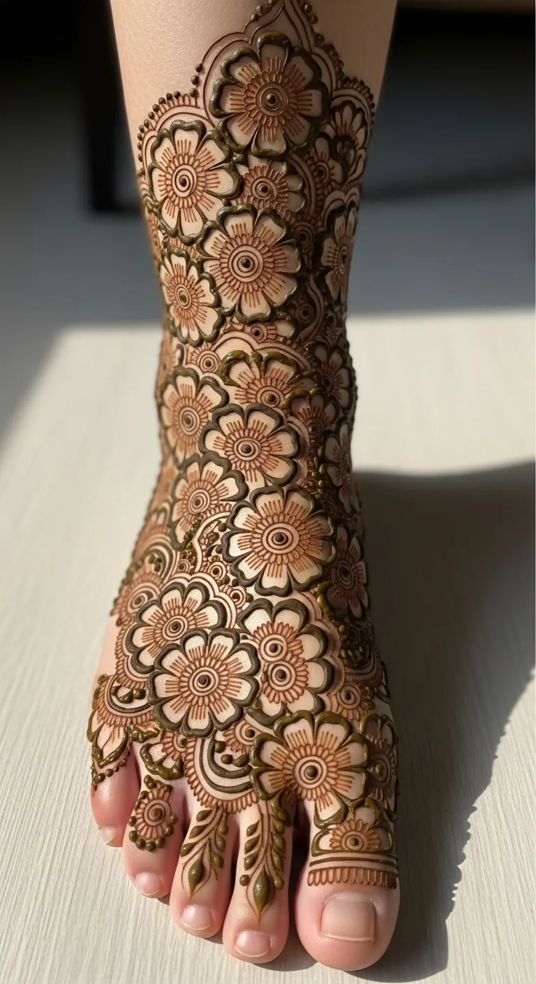 Bharwa mehndi for legs with filled floral top design