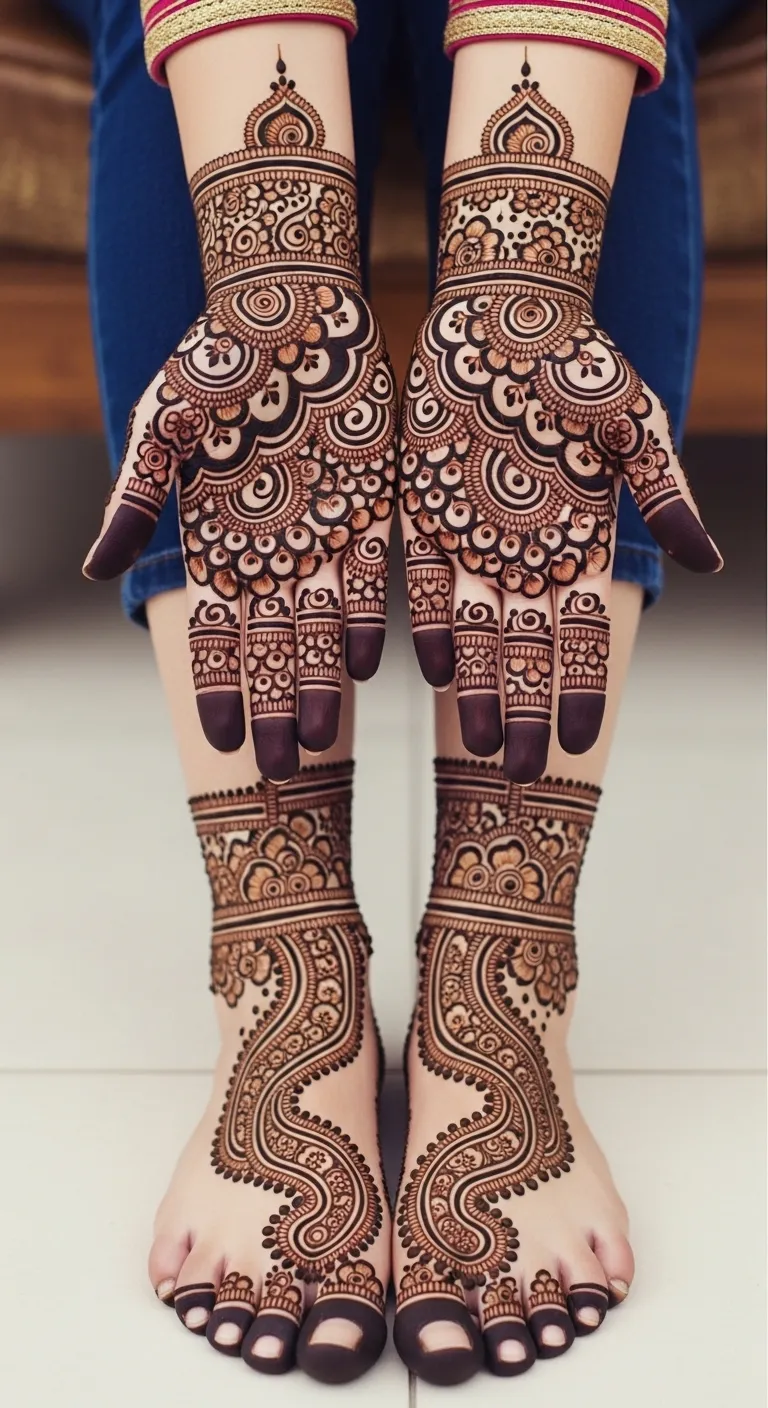 Bharwa mehndi for legs paisley trail design
