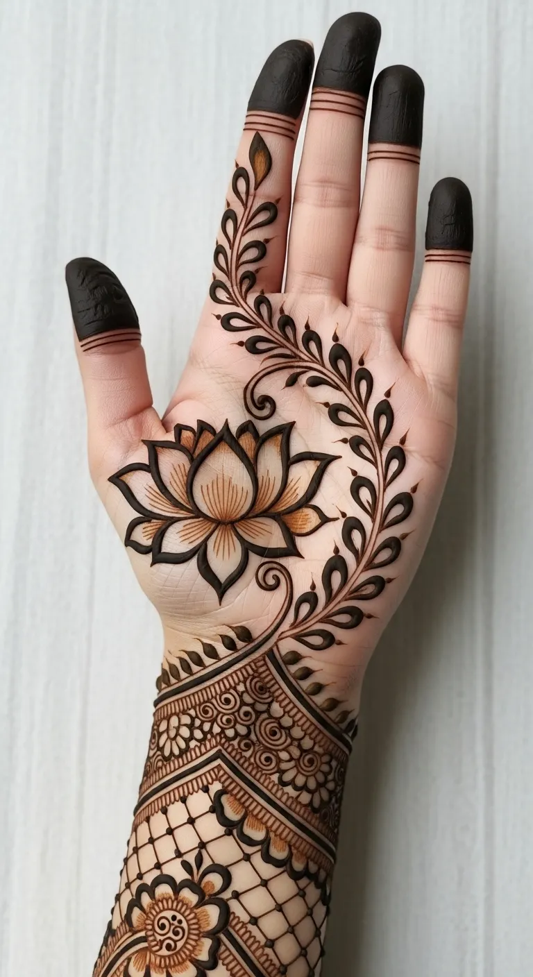 Side facing lotus floral mehndi with stem