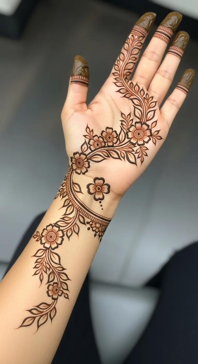 Minimal tiny floral mehndi on wrist like tattoo