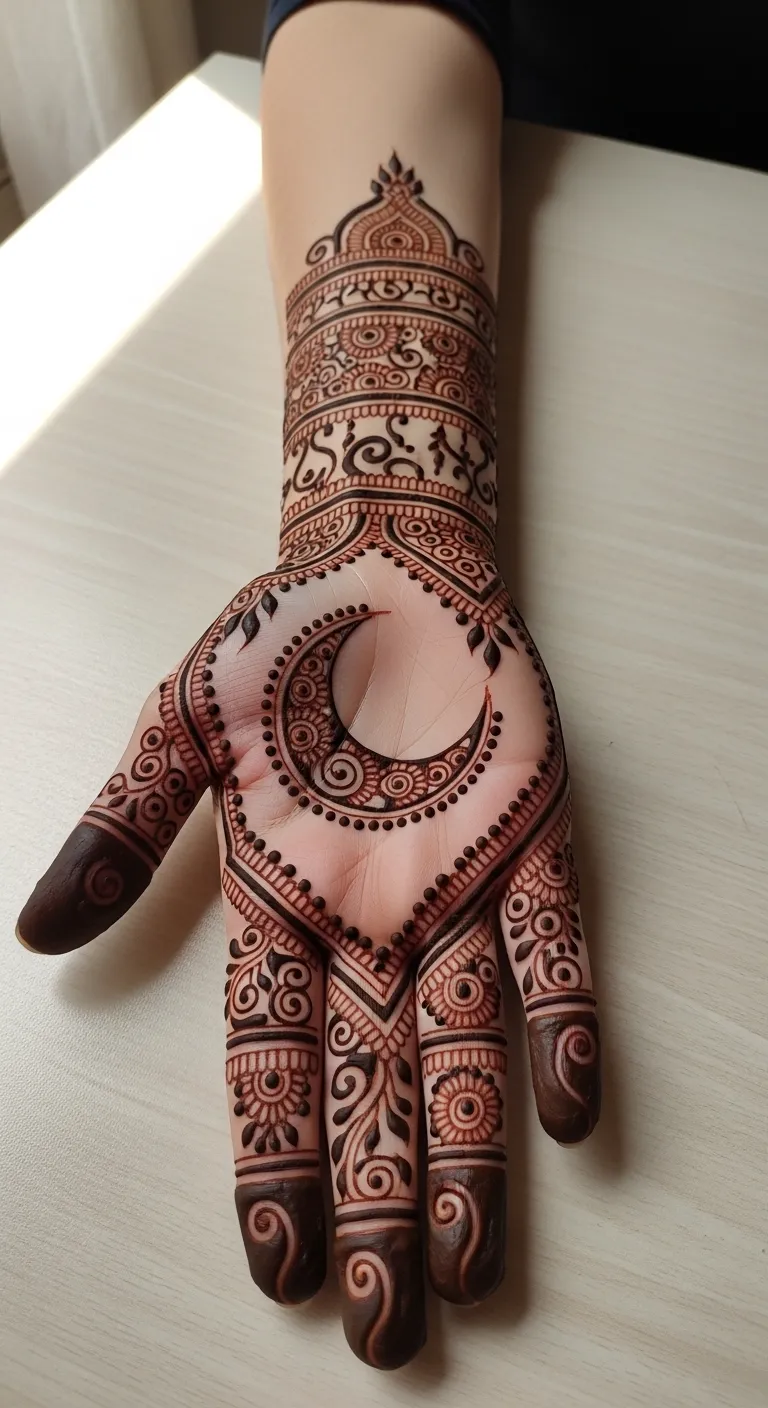 Moon mehndi design with crescent and dotted border