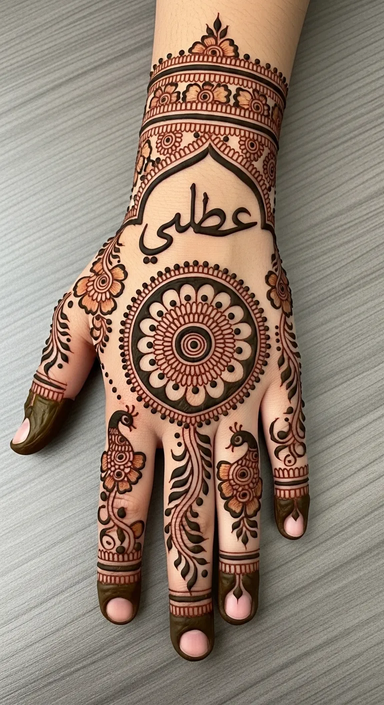 Name mehndi arched over mandala on back hand