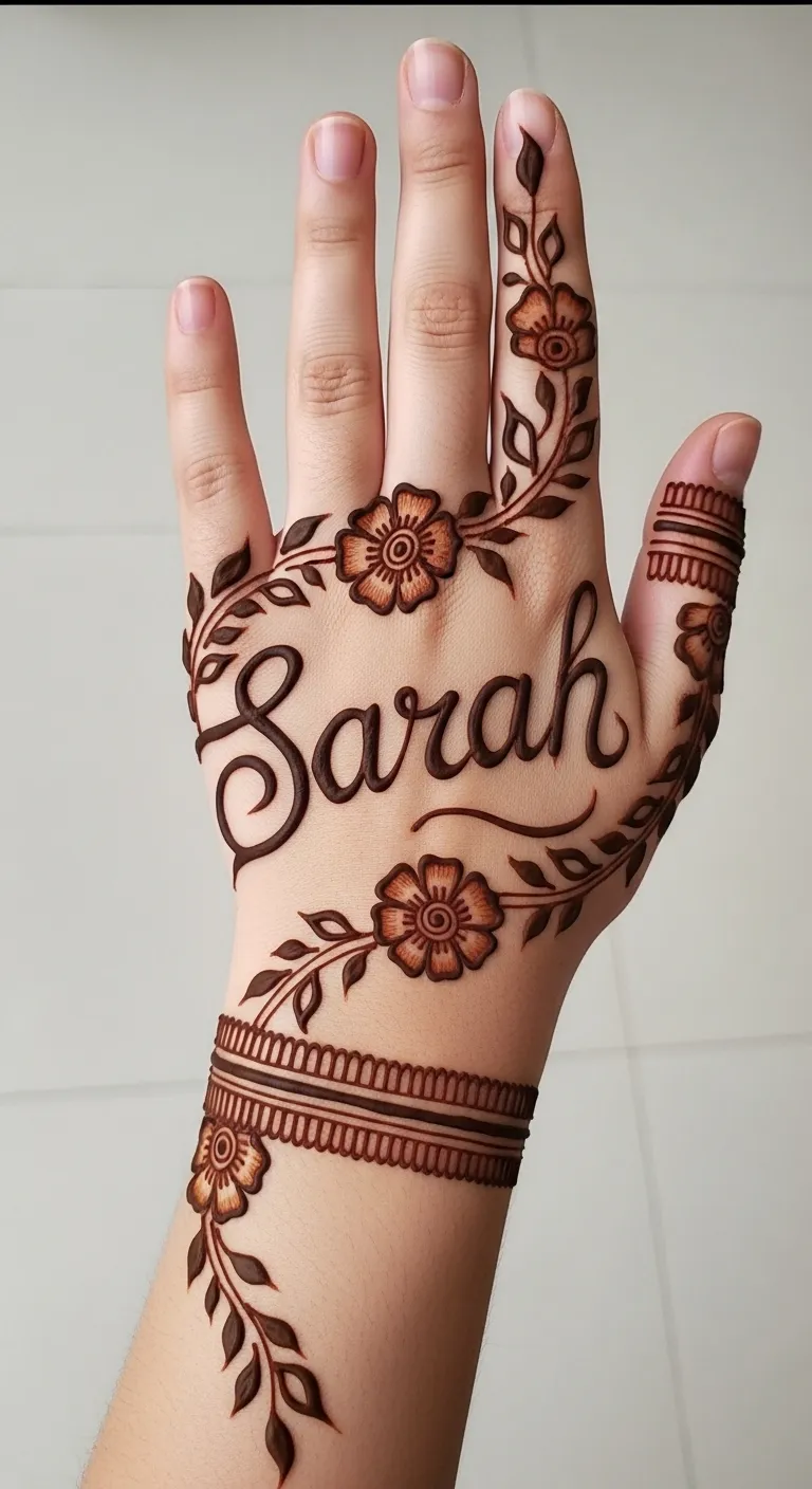 Name mehndi on back hand with floral vines