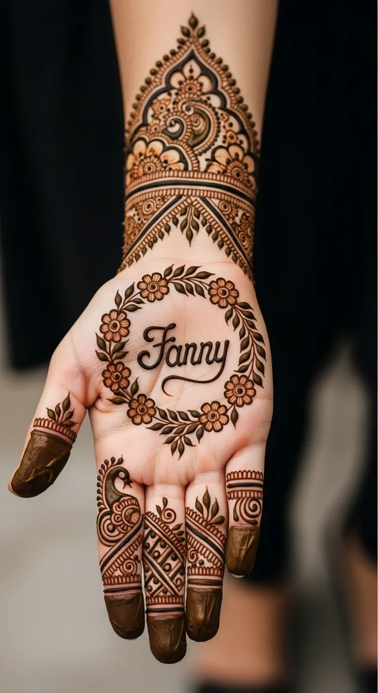 Name mehndi with flower wreath on palm
