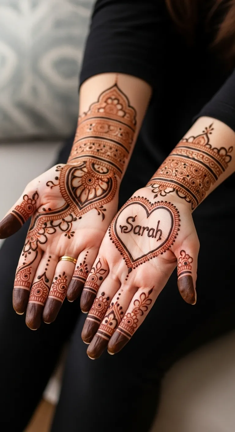 Name mehndi inside large heart on palm