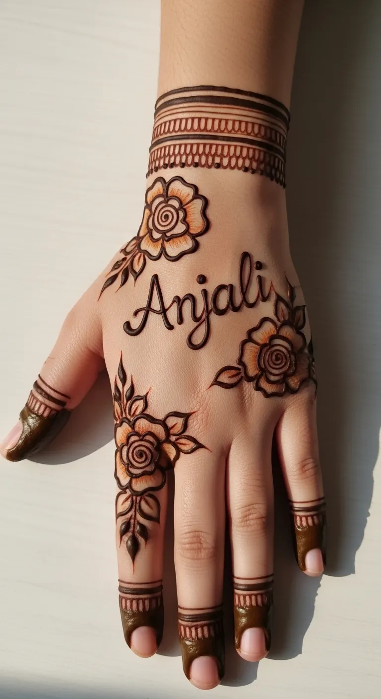 Name mehndi with rose blooms on back hand