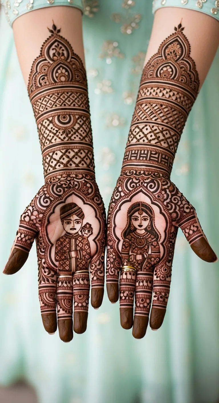 Pakistani bridal full arm mehndi with dulha dulhan