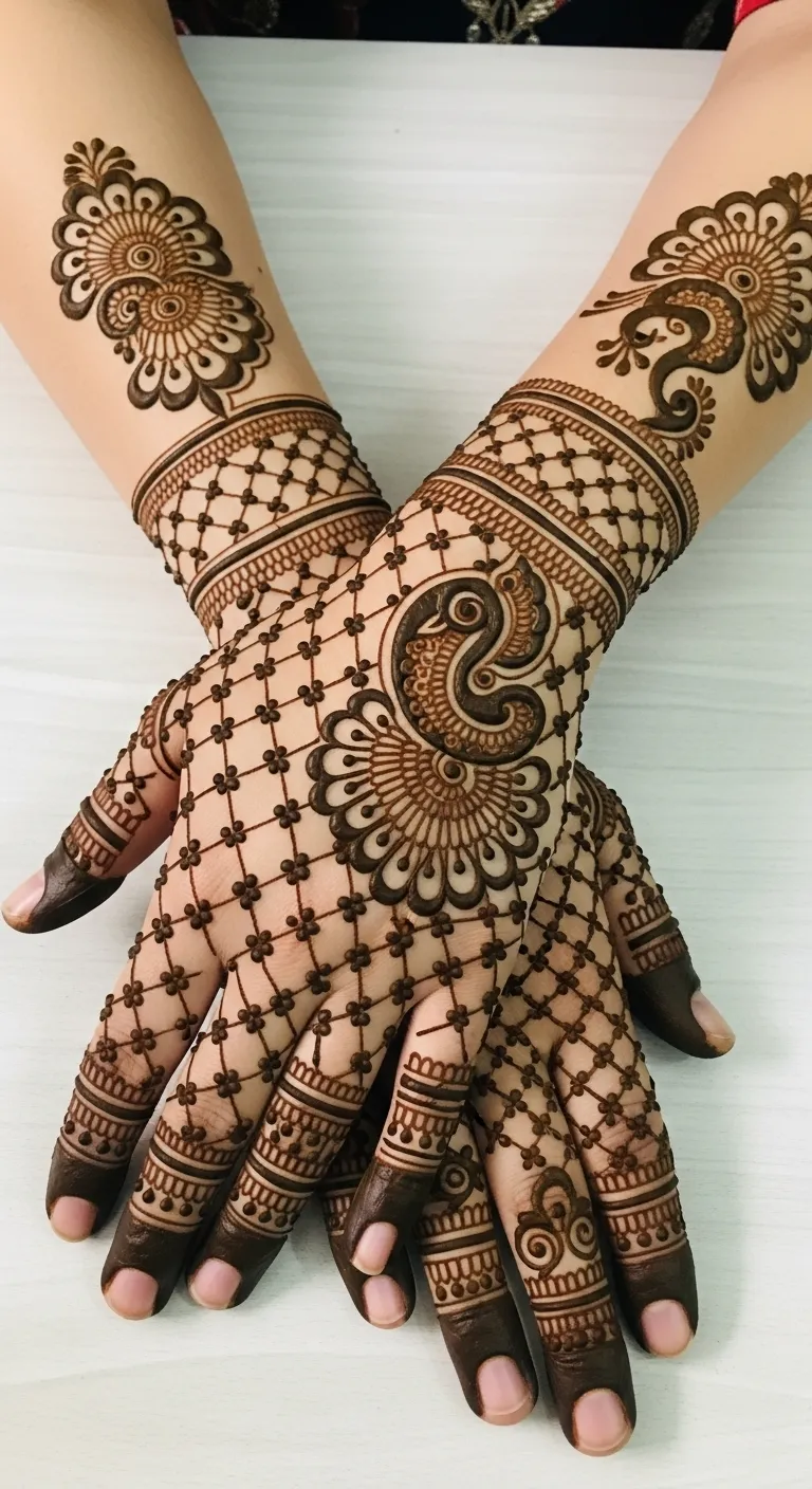 Pakistani bridal jaal mehndi with peacock on both hands