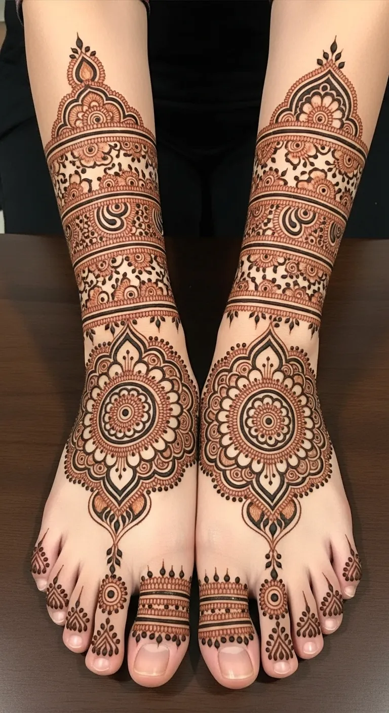 Pakistani feet mandala mehndi with toe ring pattern