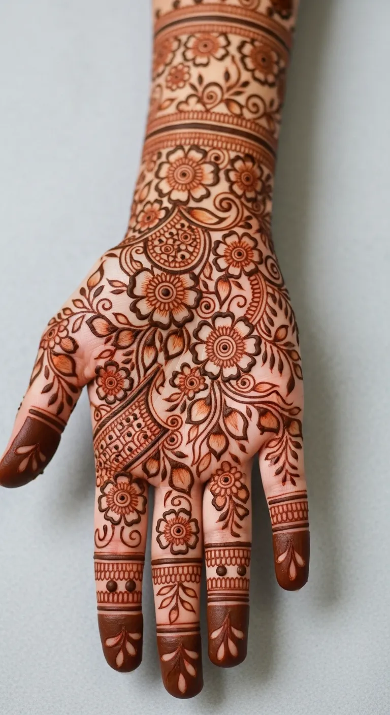 Pakistani floral garden mehndi design on hand
