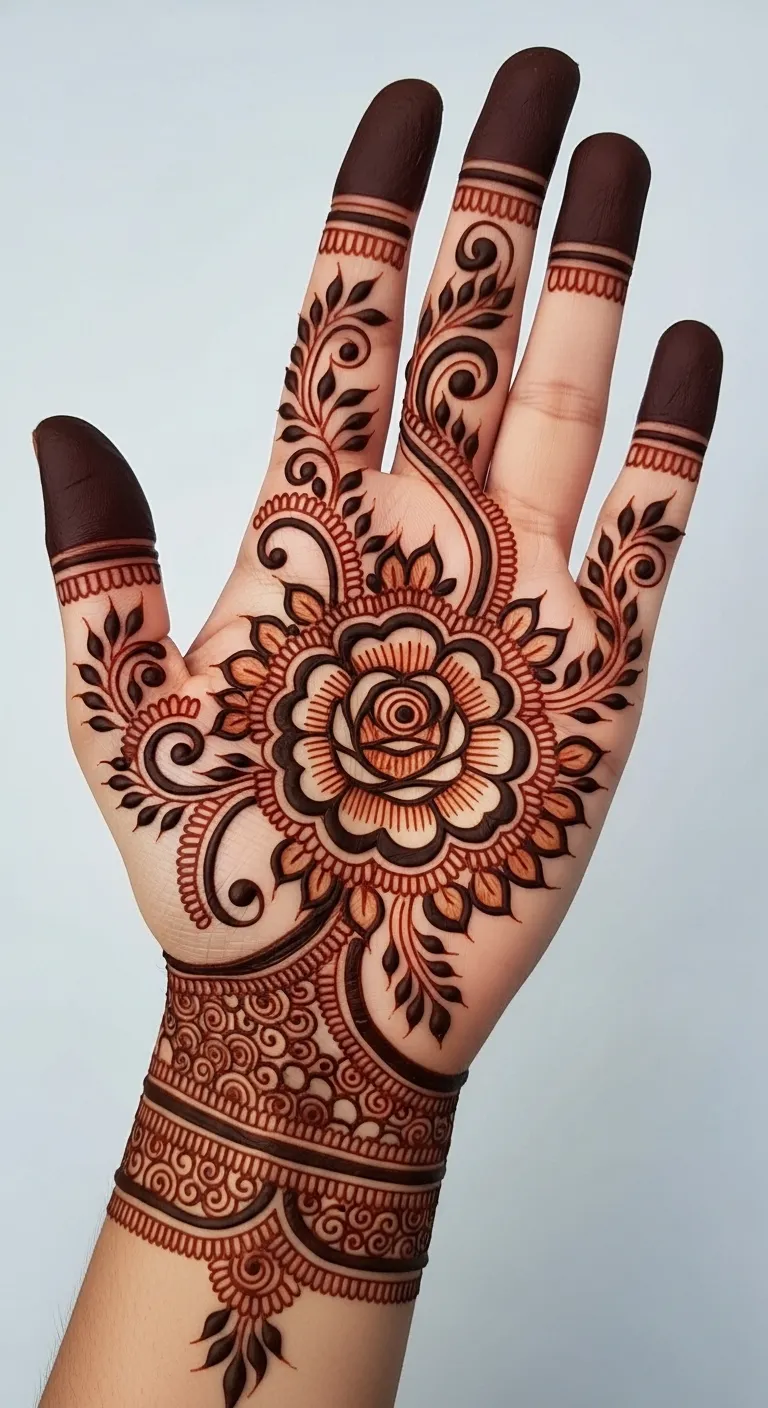 Pakistani floral mehndi with large rose and bud trails