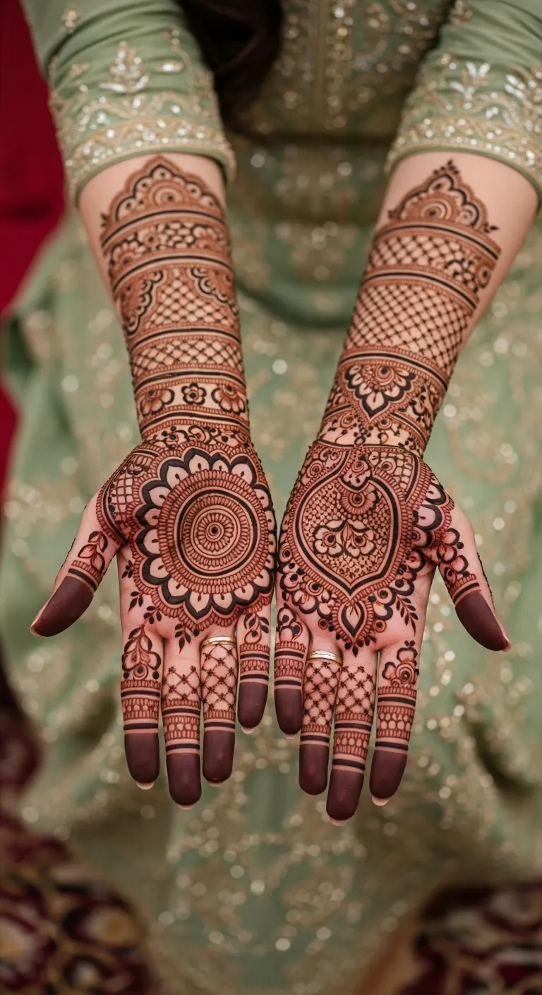 Pakistani front hand mandala mehndi with dense filling