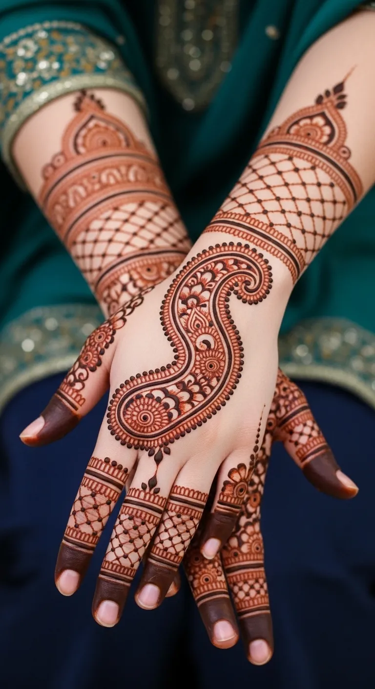 Pakistani front hand paisley trail mehndi design