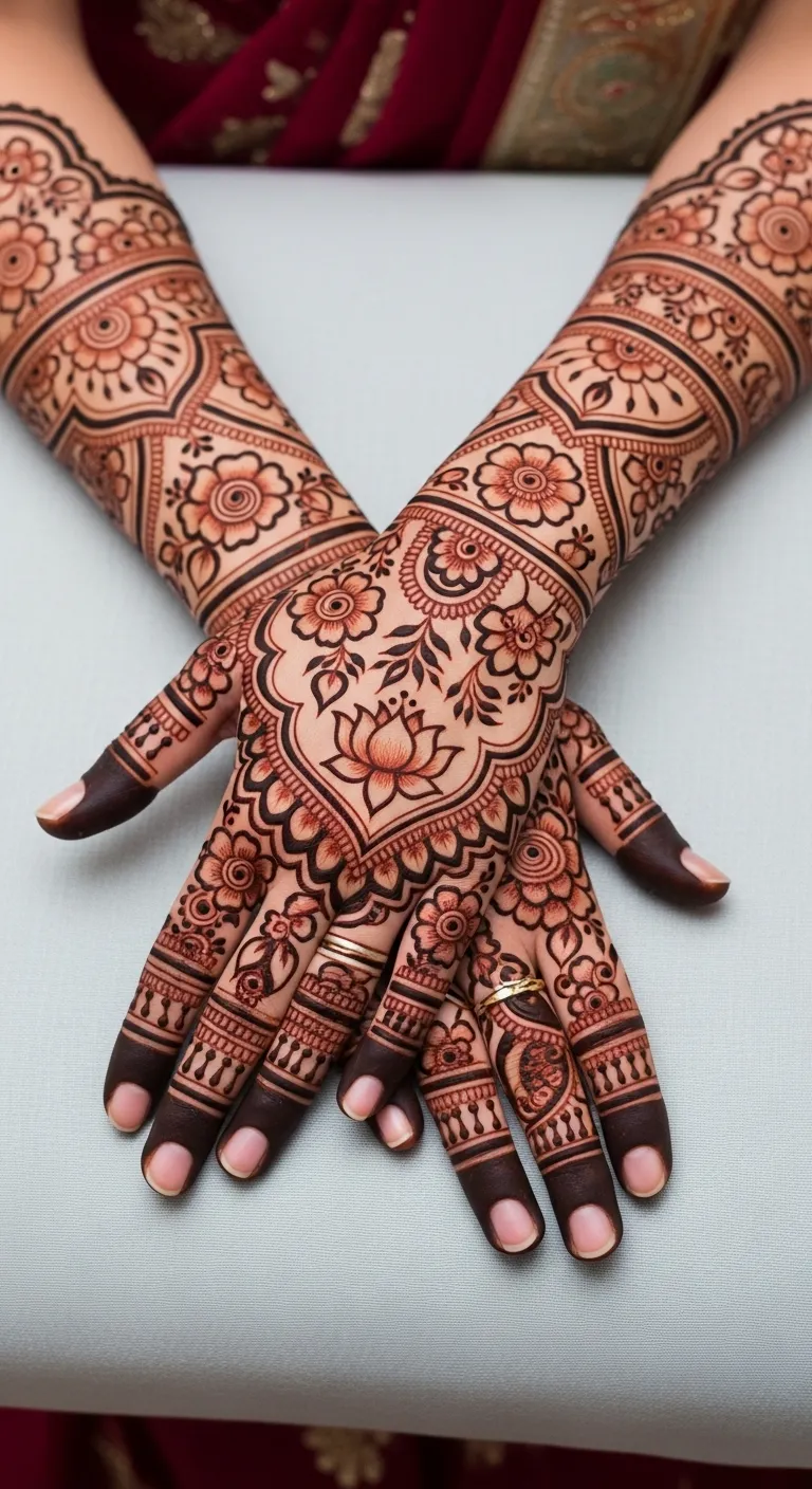 Pakistani full hand mehndi with layered flower patterns