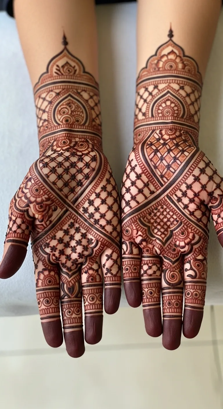 Heavy Pakistani jaal mehndi design on full palm