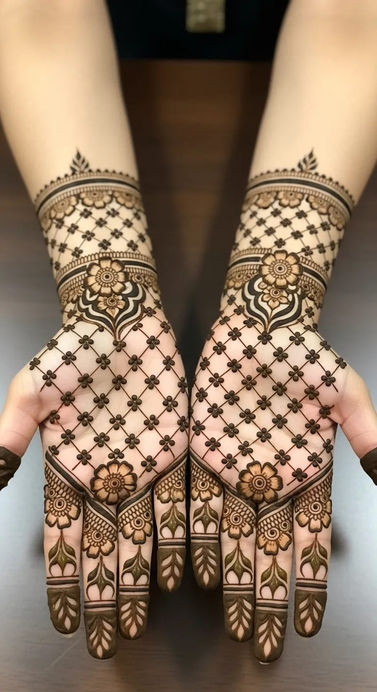 Pakistani jaal mehndi with flower motifs at intersections
