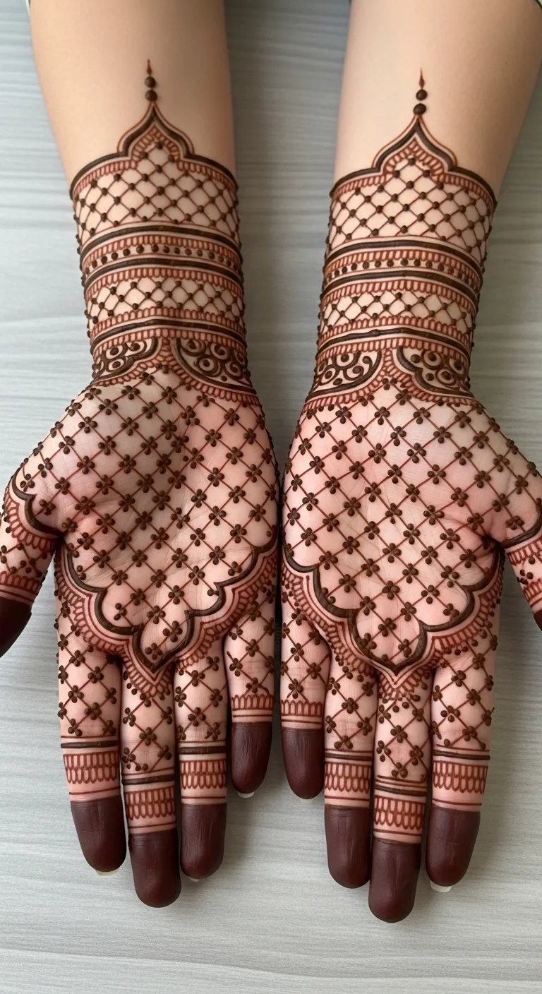 Pakistani jaal mehndi on full palm with accent dots