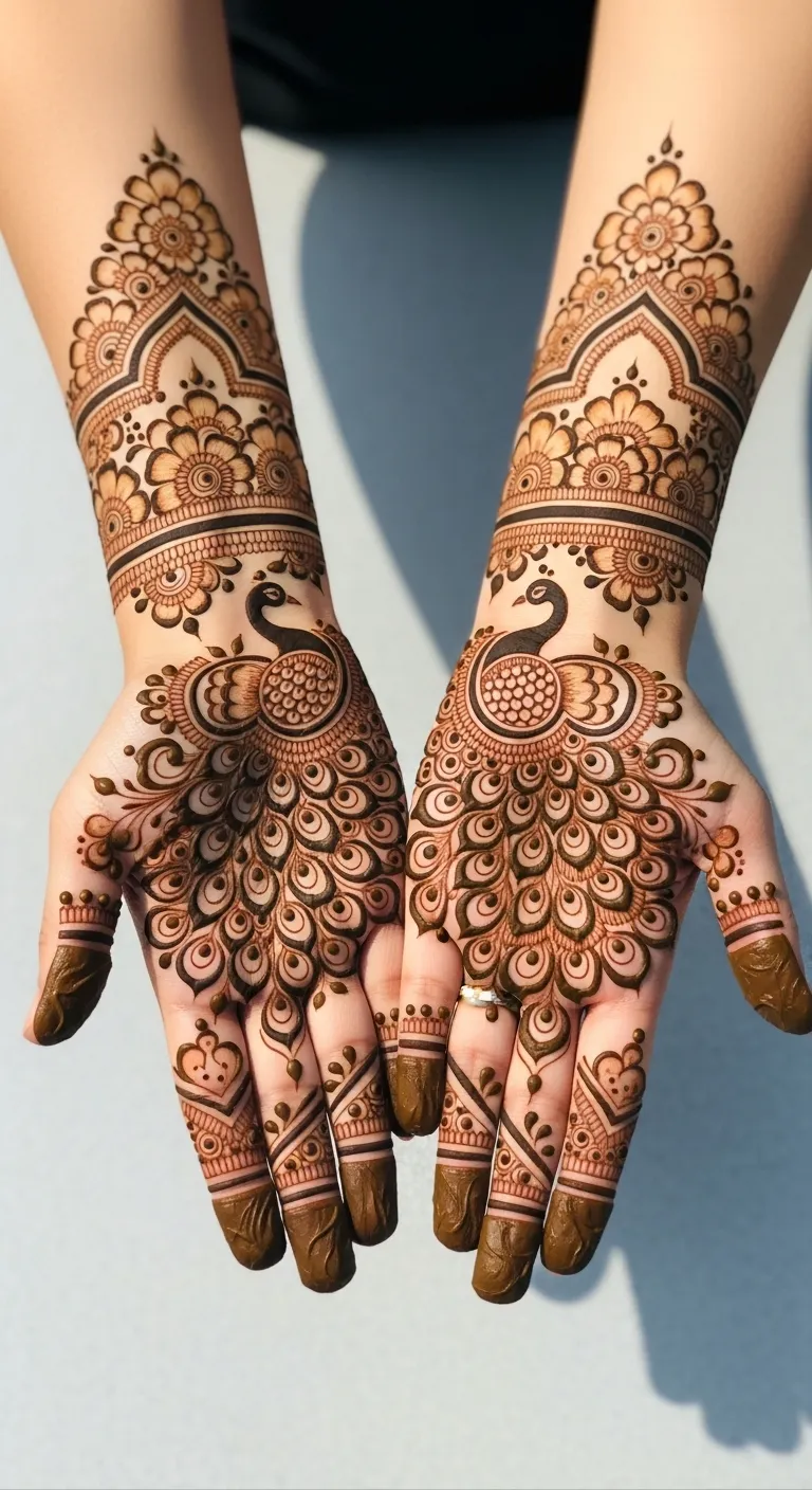 Pakistani peacock pair mehndi designed on both hands