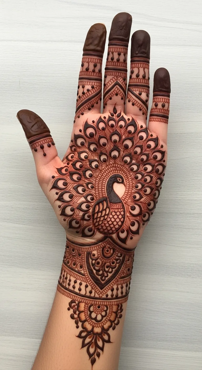 Pakistani peacock mehndi with open feather tail on palm