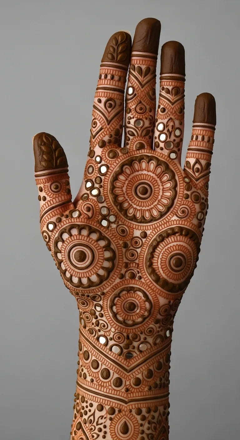 Rajasthani bharwa mehndi mirror work pattern