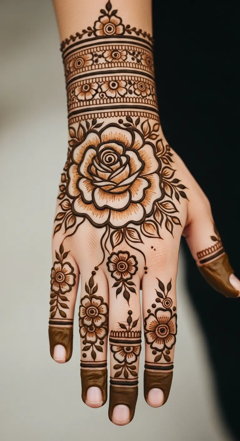 Rose floral mehndi design with shaded layered petals