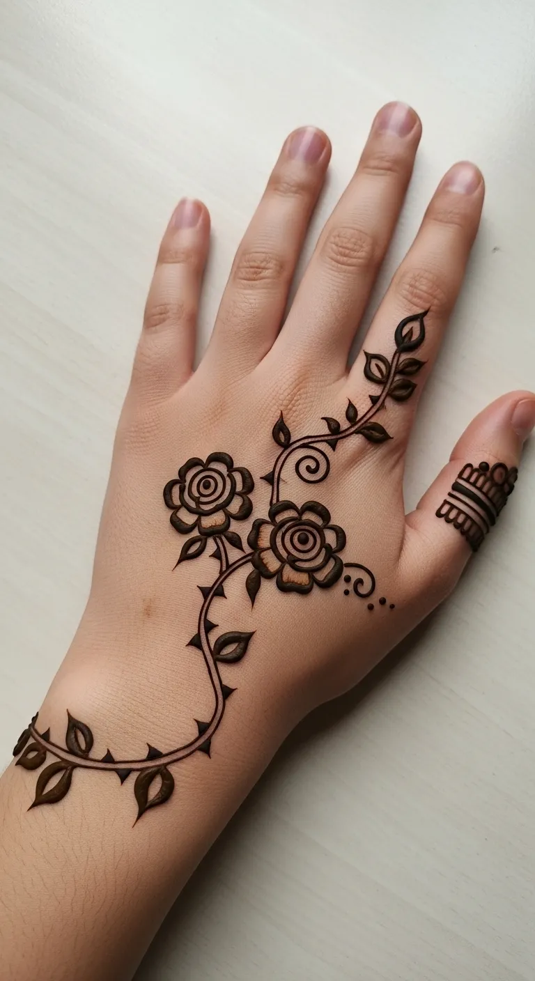 Rose floral mehndi pair with thorny vine