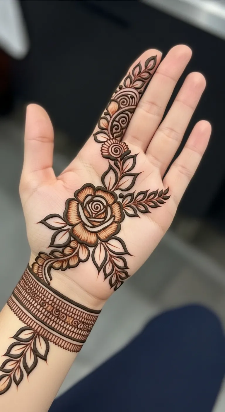 Shaded half hand mehndi with rose and gradient leaves