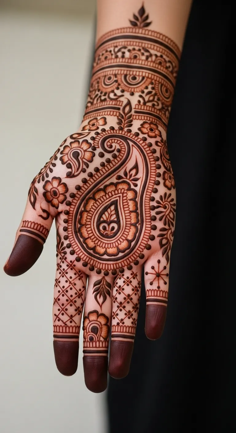 Shaded paisley mehndi on left hand