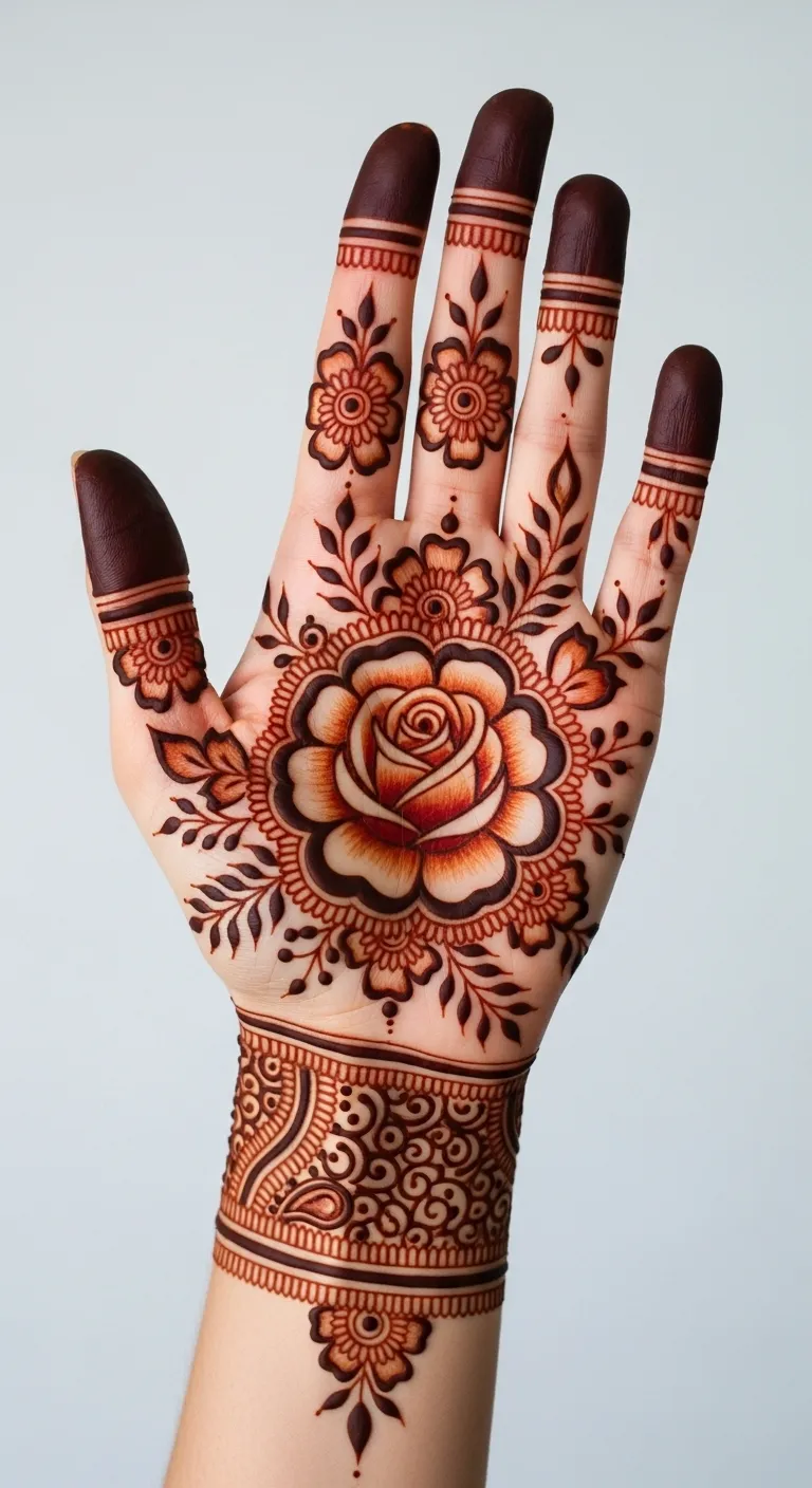 Shaded rose mehndi with gradient on left hand