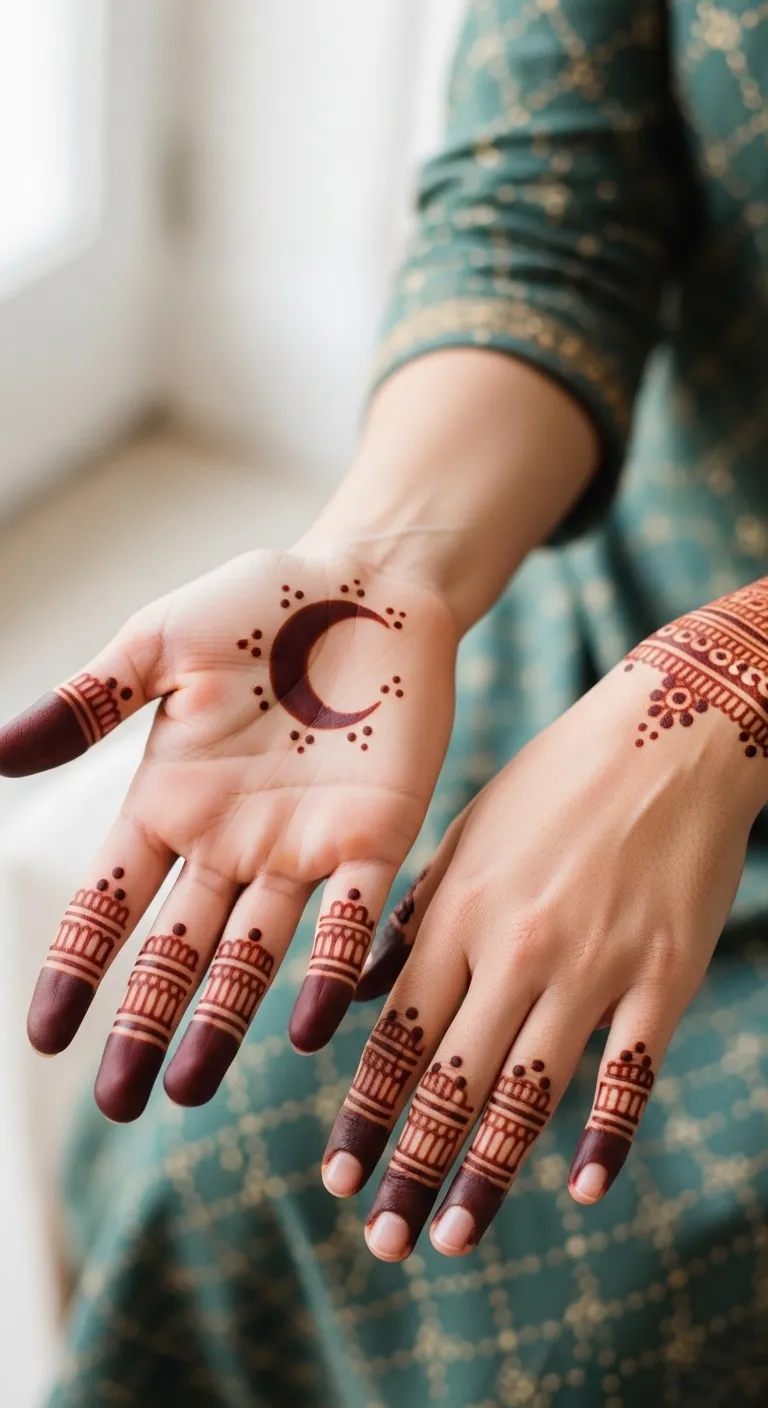 Simple crescent moon mehndi on back hand with dots