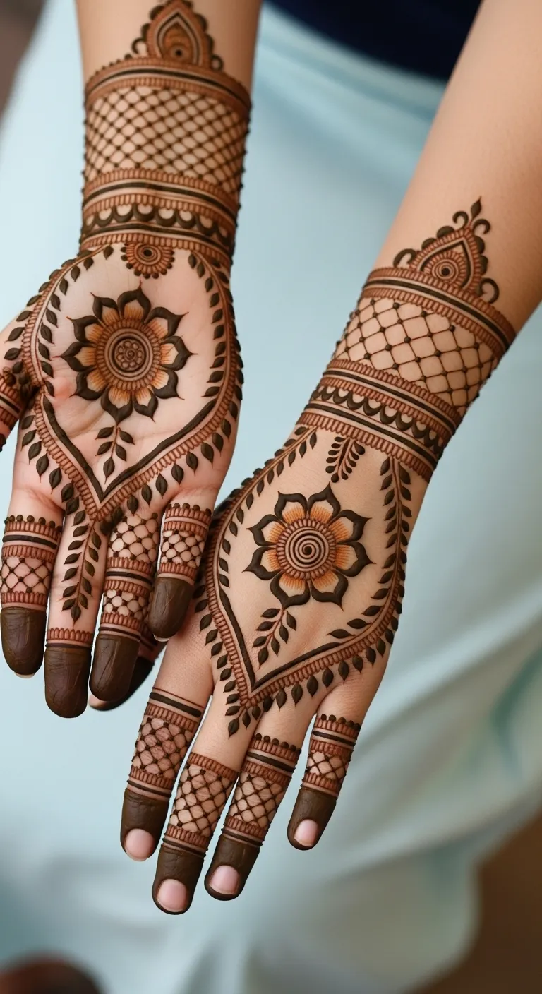 Simple Diwali mehndi with single flower and leaves