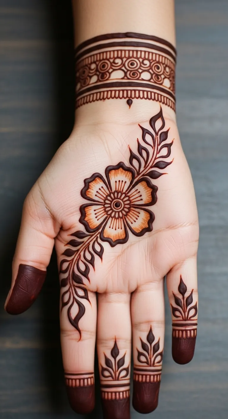 Simple floral mehndi with five-petal flower on palm