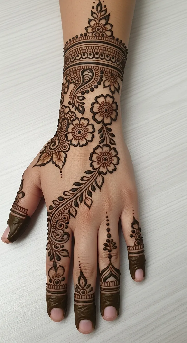 Simple floral mehndi with two flowers and vine