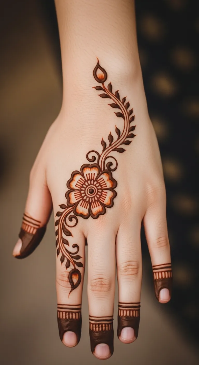 Simple left hand mehndi with single flower and vine