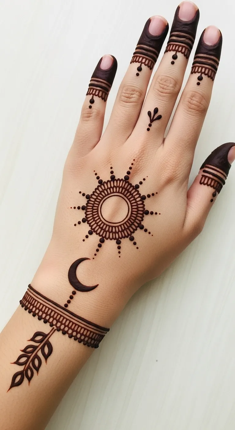 Simple moon mehndi on wrist with trailing leaf