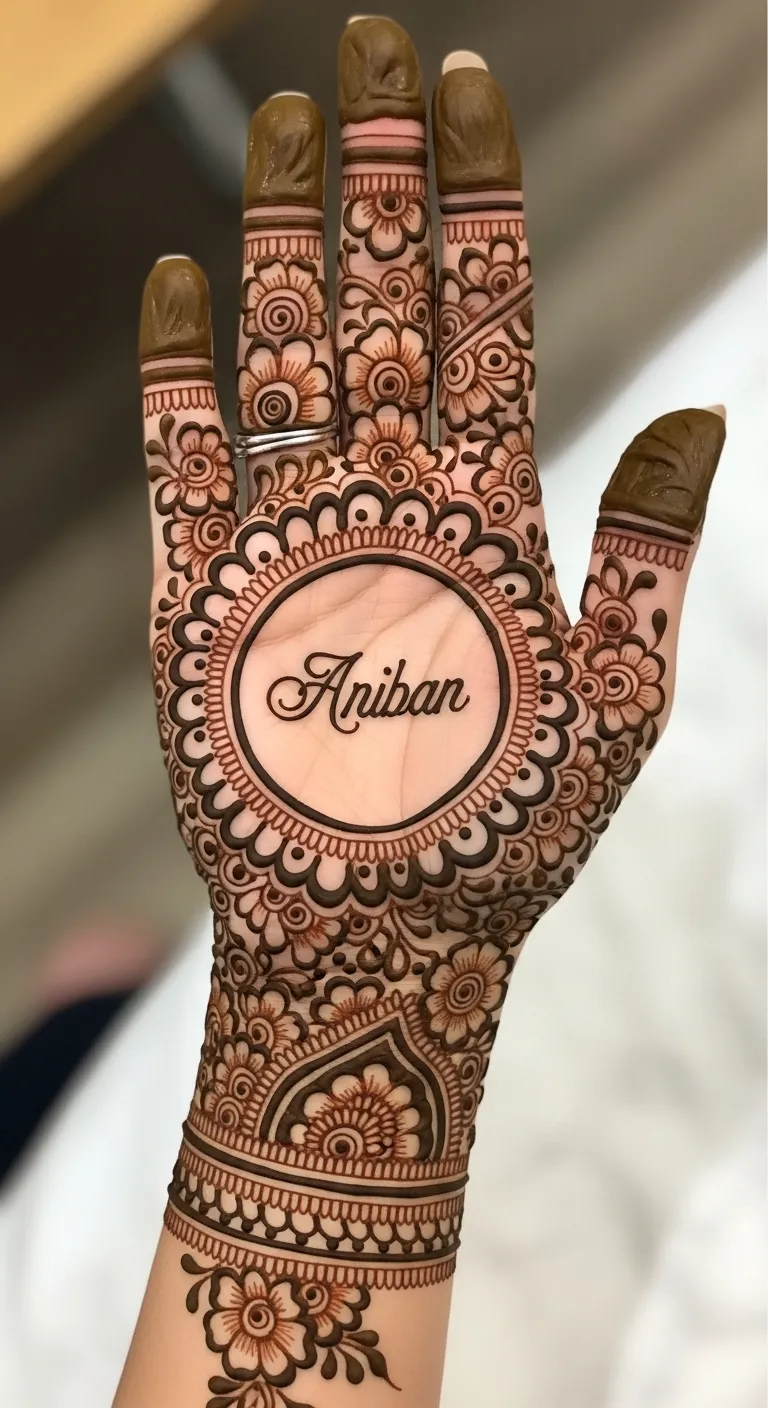 Simple name mehndi with thin floral border