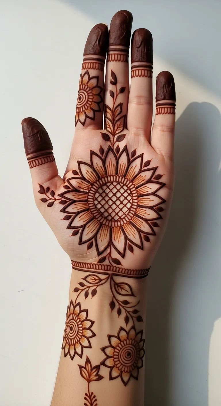 Sunflower mehndi with crosshatch center pattern