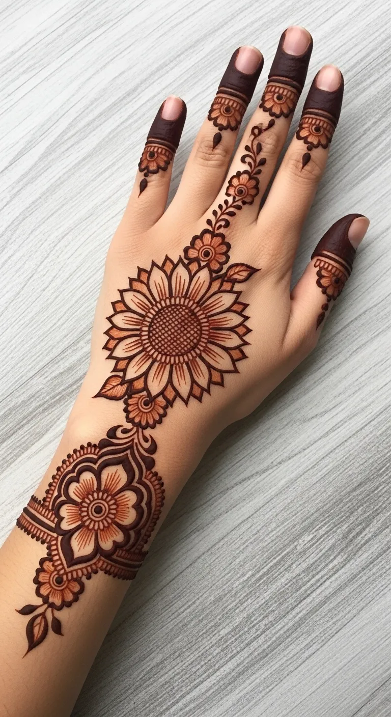 Large sunflower floral mehndi on back hand